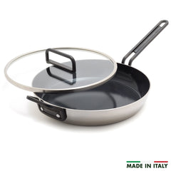 Stanley Tucci™ Stainless Steel Ceramic Nonstick 12" Frypan with Lid | Black Handle